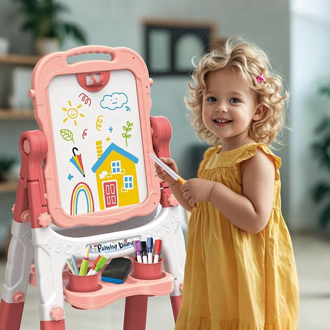 Easel for Kids, Kids Easel, Double-Sided Art Easel for Kid 3-4, Chalk Board Kid, Toddler Easel, White Board Kid, Kids Art Easel, Art Easel for Kids Ages 4-8, Christmas Gifts for Kids,Red&Pink