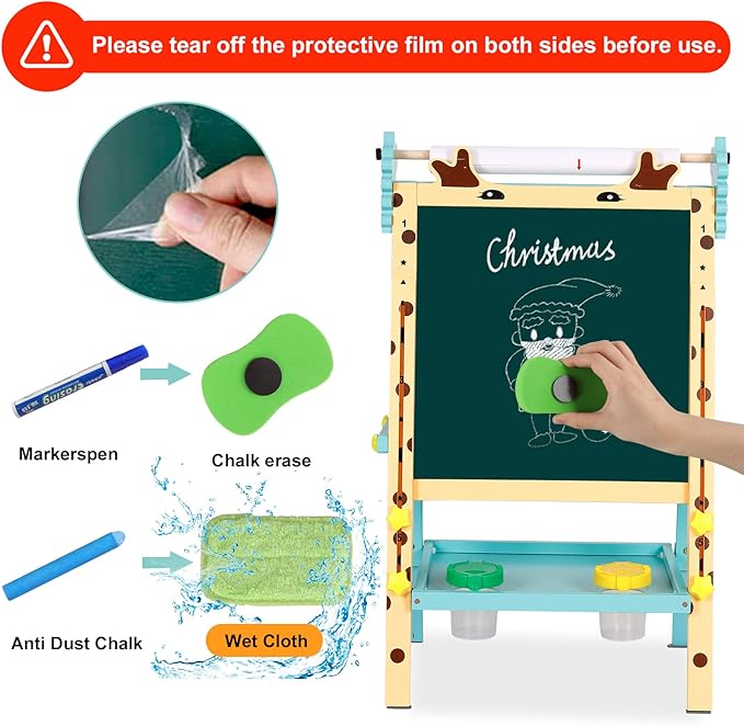 Double-Sided Whiteboard & Chalkboard Adjustable Kids Art Easel Standing Easel with Other Accessories for Kids and Toddlers