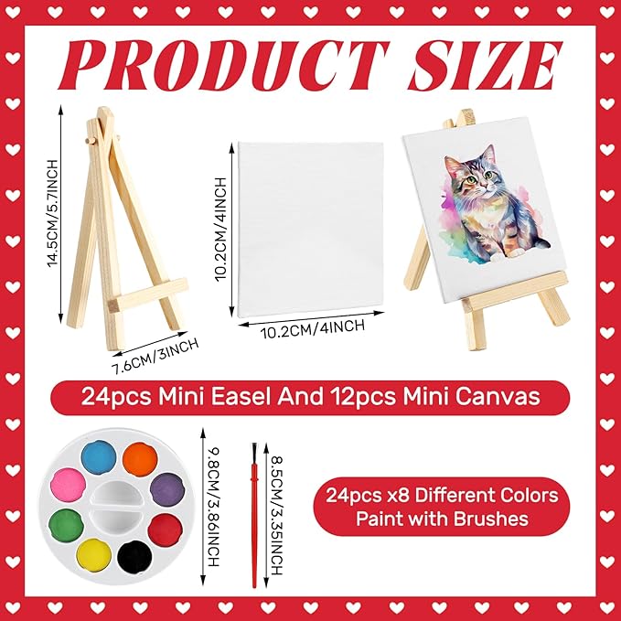 Wonderjune 146 Pcs Valentine's Day Mini Watercolor Paint Set with Easel, Valentines Gift Watercolor Painting Bulk 8 Colors Watercolor Paints with Cards for Party Art Supplies Beginner Painting