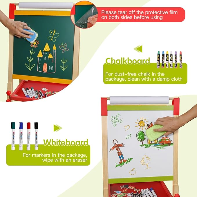 Easel for Kids Double-Sided Kids Easel with Paper Roll Wooden Art Easel Whiteboard & Chalkboard Adjustable Standing Toddler Easel with Accessories Gift for Boys and Girls