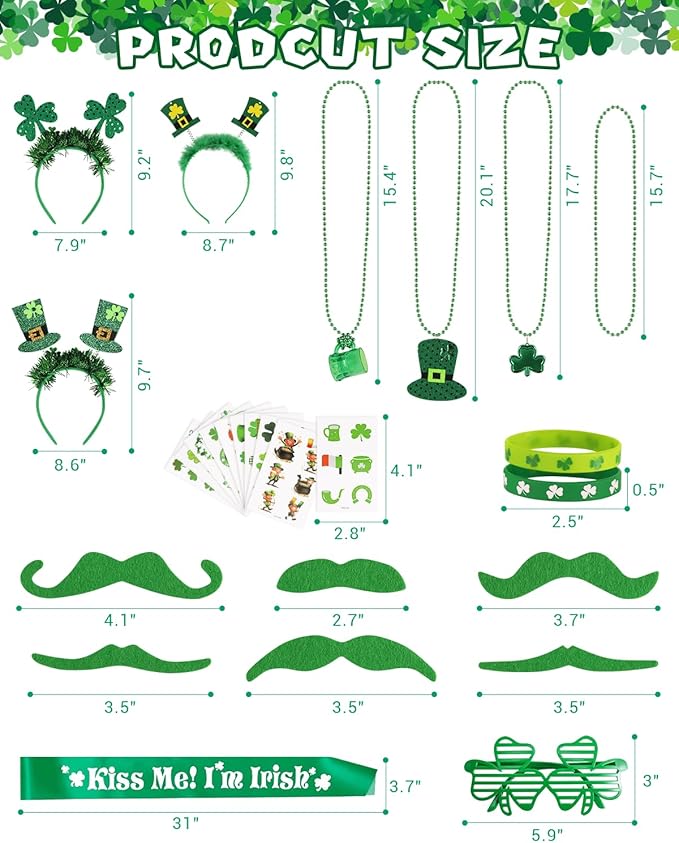 St. Patrick's Day Party Favor Set, St. Patrick's Day Novelty Jewelry Assortment with Headband Necklace Bracelet Glasses Tattoo Stickers Accessories Kiss Me I'm Irish Sash for Irish Party Décor
