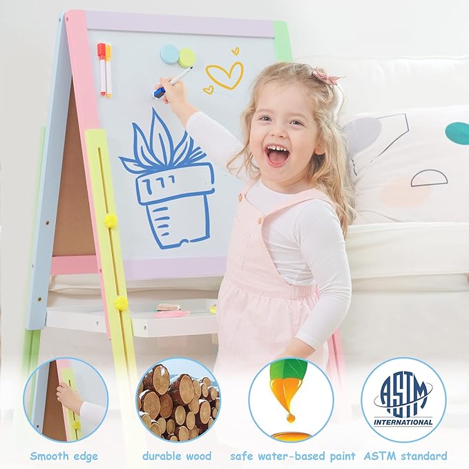 Easel for Kids, Double Sided Wooden Easel with Magnetic Chalkboard &Painting Board, Foldable Art Easel for Toddlers 3 Years Old Height Adjustable