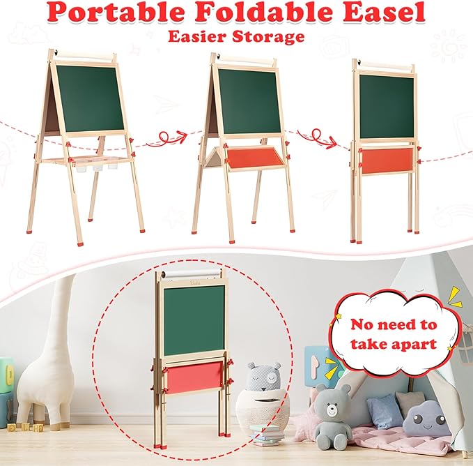 Easel for Kids Including 100+ Accessories, Kids Easel Double Sided Wooden, White Board & Magnetic Drawing Board & Paper Roll, Height Adjustable Standing Art Easel for Kids 3-4 4-8 9-12