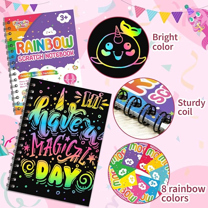 Party Favors for Kids: 16 Pack Rainbow Scratch Art Notebook Classroom School Supplies Bulk for Girls Boys Goodie Bags Stuffers, Return Gifts for Birthday Party Valentines Gift Kid Crafts