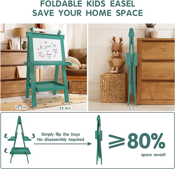 Easel for Kids Deluxe Foldable All-in-1 Toddler Easel with Paper Roll& 84pcs Accessories Magnetic Chalk-Whiteboard Art Center for Kids 3 4 5 6 7 8 Years Old Boys Girls-Green
