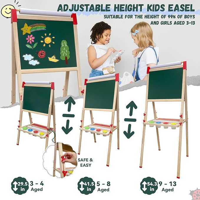 Easel for Kids,Adjustable Wooden Art Easel for Kids,114+ Art Supplies,Double Sided Magnetic Dry Erase Board and Chalkboard,3-in-1 Toddler Art Easels for Aged 3-4,5-7,8-12,2 Paper Rolls