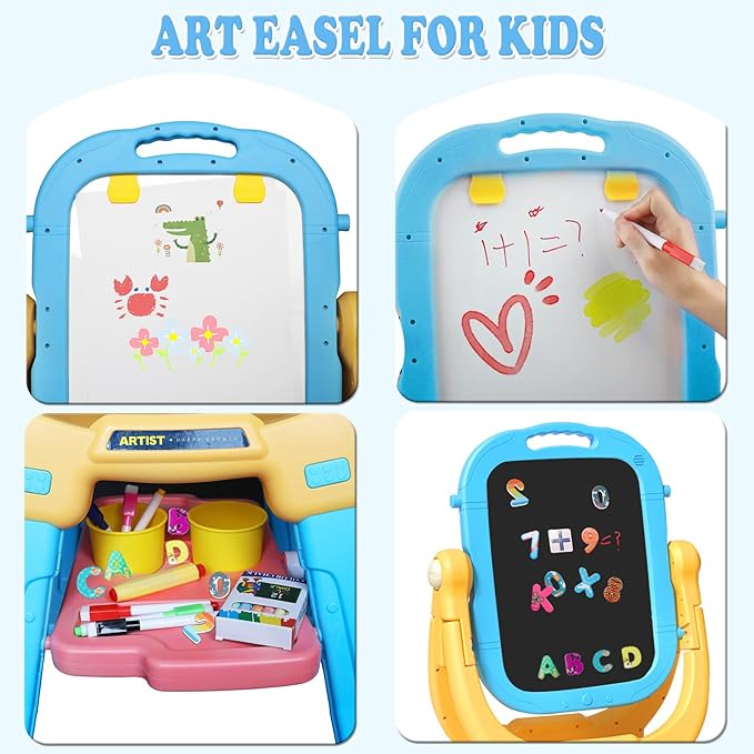 Easel for Kids, Rotatable Double Sided Magnetic Drawing Board Adjustable Height Easel Stand Toddlers Art Easel with 79pcs Art Supplies, Blue