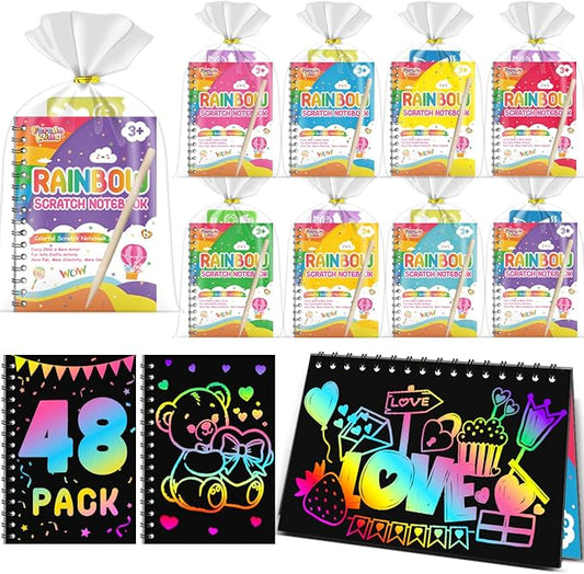 Party Favors for Kids: 48 Pack Rainbow Scratch Art Notebook Classroom School Supplies Bulk for Girls Boys Goodie Bags Stuffers, Return Gifts for Birthday Party Valentines Gift Kid Crafts