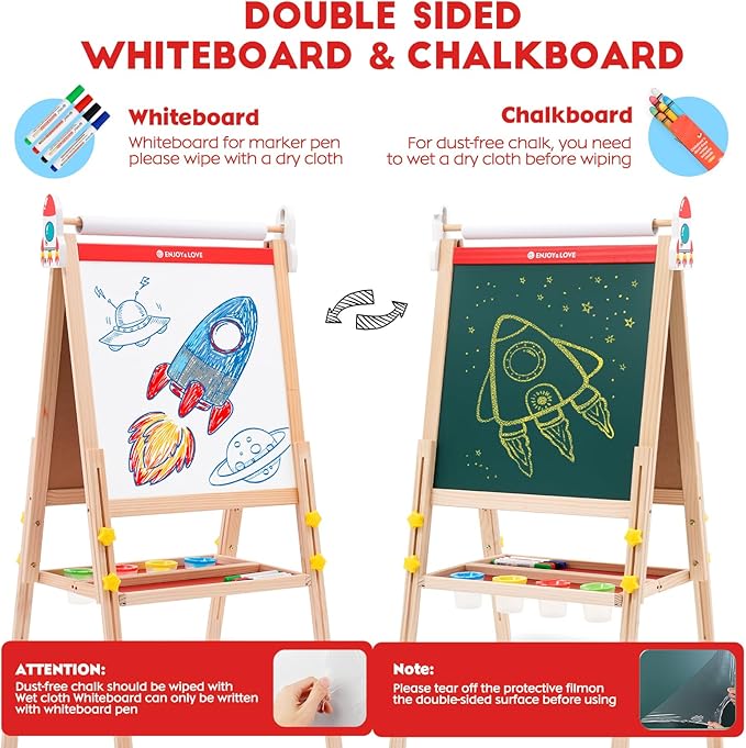 Easel for Kids Art Easel with Paper Roll, Wooden Toddler Easel for Kids Ages 2-4 4-8 8-12, Kids Painting Easel with Double Sided Chalkboard Whiteboard and Folding Storage Tray, Gift for Boys Girls