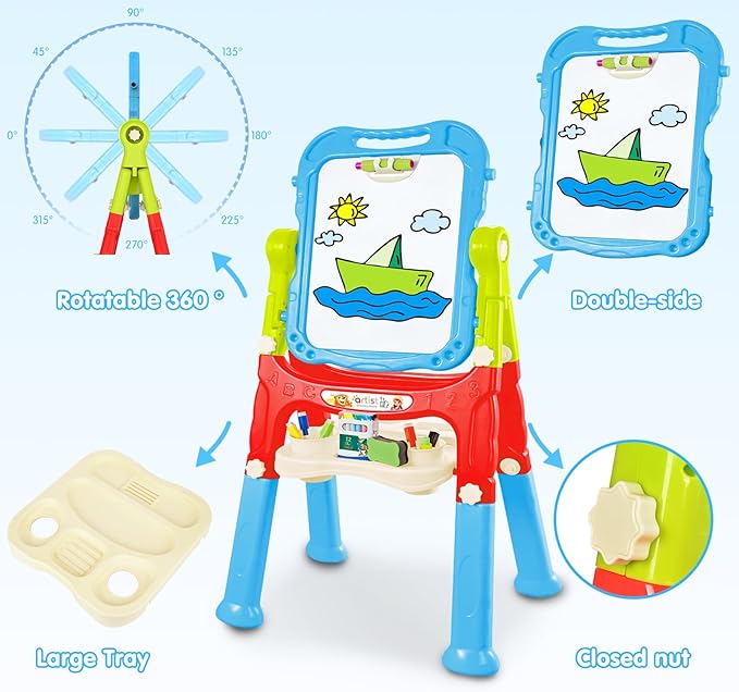 Easel for Kid, Double Sided Kids Art Easel with Magnetic Chalkboard & White Board, Adjustable Standing Painting Drawing Board for Toddler, Education Gift Toy for Boy Girls Age 3, 4, 5 (Blue+red)