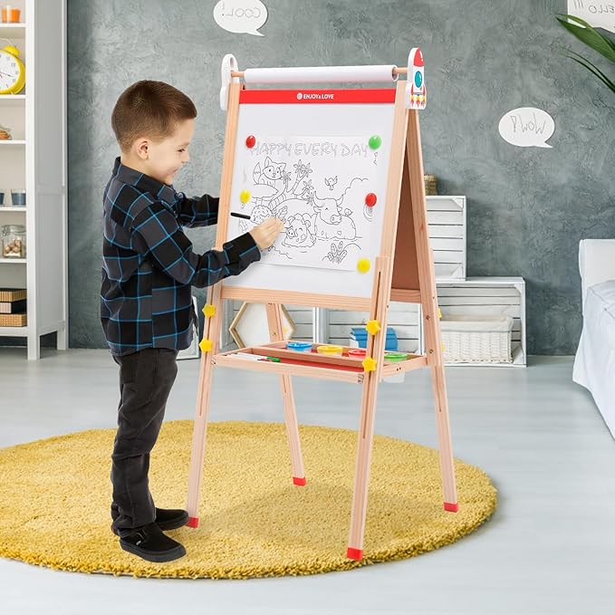 Easel for Kids Art Easel with Paper Roll, Wooden Toddler Easel for Kids Ages 2-4 4-8 8-12, Kids Painting Easel with Double Sided Chalkboard Whiteboard and Folding Storage Tray, Gift for Boys Girls