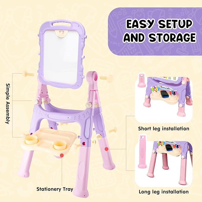 Easel for Kids, Kids Easel, Double-Sided Art Easel for Kid 3-4, Chalk Board Kid, Toddler Easel, White Board Kid, Kid Art Easel, Art Easel for Kid Age 4-8, Christmas Gift for Kids, Pink&Purple