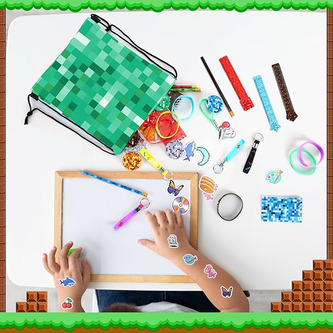 Paterr 103 Pcs pixel Birthday Party Favor Supplies Include Drawstring Bags Silicone Bracelets Badge Buttons Spiral Notebooks Pencils Bookmarks and Stickers for Carnival Prizes Gift Decorations