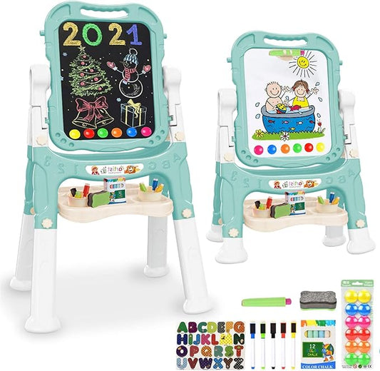Easel for Kids,Rotatable Double Sided Easel for Kids Adjustable Standing Art Easel with Painting Accessories for Toddlers Boys and Girls-Green