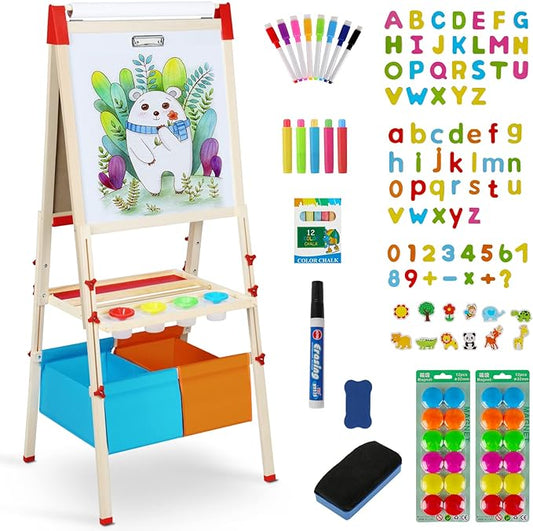 Easel for Kids Art Easel for Kids Ages 4-8,Kids Easels Wooden Kid Easel with Paper Roll, Adjustable Magnetic Double Sided Easel for Toddlers 2-4 Years - All in one Kids Art Easel