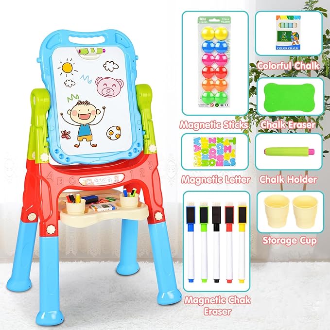 Kids Easel, Adjustable Standing Kids Easels for Toddlers, Double Magnetic Drawing Board with Painting Accessories, Present for Little Boys and Girls Age 3 4 5, Blue