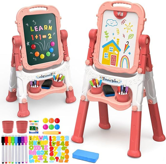 Easel for Kids, Kids Easel, Double-Sided Art Easel for Kid 3-4, Chalk Board Kid, Toddler Easel, White Board Kid, Kids Art Easel, Art Easel for Kids Ages 4-8, Christmas Gifts for Kids,Red&Pink