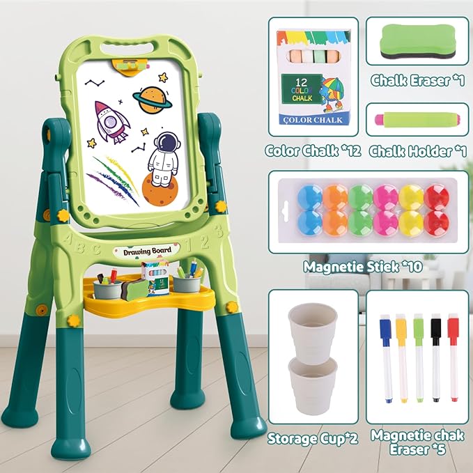 deAO Art Easel Toys for Kids, 4-in-1 Double Magnetic Drawing Board Adjustable Standing Rotatable Sidewalk Chalk with Painting Writing Accessories, Easel Toys Birthday Gifts for Girls Boy (Green)