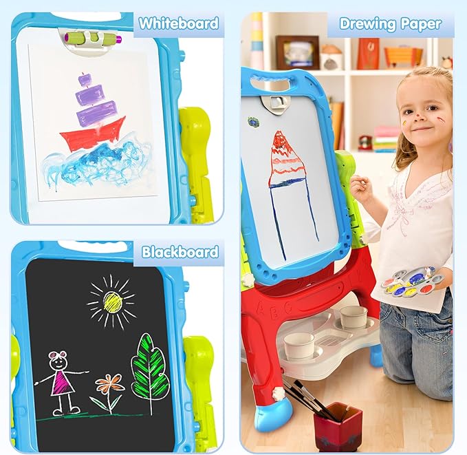 Easel for Kid, Double Sided Kids Art Easel with Magnetic Chalkboard & White Board, Adjustable Standing Painting Drawing Board for Toddler, Education Gift Toy for Boy Girls Age 3, 4, 5 (Blue+red)