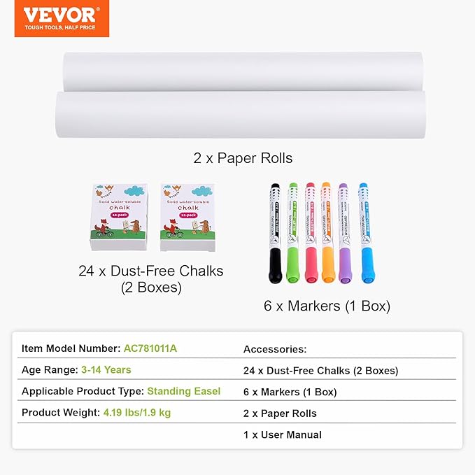 VEVOR Easel Accessory Set, 32 PCS Kid's Art Easel Painting Kit Including Chalks, Dry-Erase Markers & Paper Rolls, Supplies Set for Standing Art Easel, Painting Accessories for Toddlers Boys and Girls