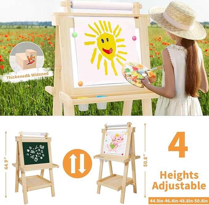 Easel for Kids Deluxe Foldable All-in-1 Toddler Easel with Paper Roll& 84pcs Accessories Magnetic Chalk-Whiteboard Art Center for Kids 3 4 5 6 7 8 Years Old Boys Girls-Natural Wood