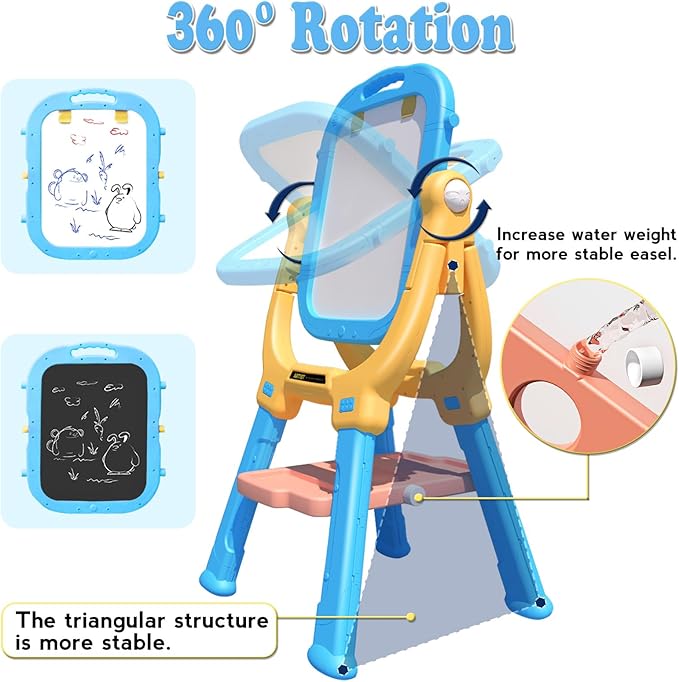 Easel for Kids, Rotatable Double Sided Magnetic Drawing Board Adjustable Height Easel Stand Toddlers Art Easel with 79pcs Art Supplies, Blue