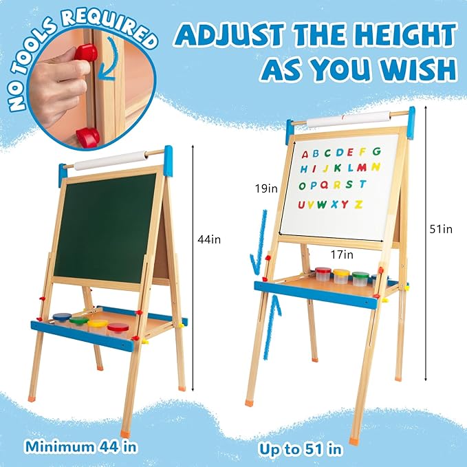 Easel for Kids with Drawing Paper Roll, Learning Toy for 3,4,5,6,7,8 Years Old Boy & Girls, Wooden Chalkboard & Magnetic Whiteboard & Painting Paper Stand, Gift & Art Supplies for Toddler