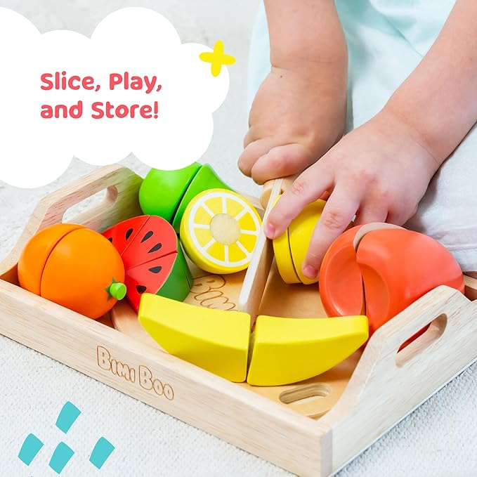 Bimi Boo Wooden Cutting Fruit Set Toy - Play Food Kitchen Accessory, Pretend Play for Toddlers (6 Fruits, Knife, Cutting Board, and Storage Tray)