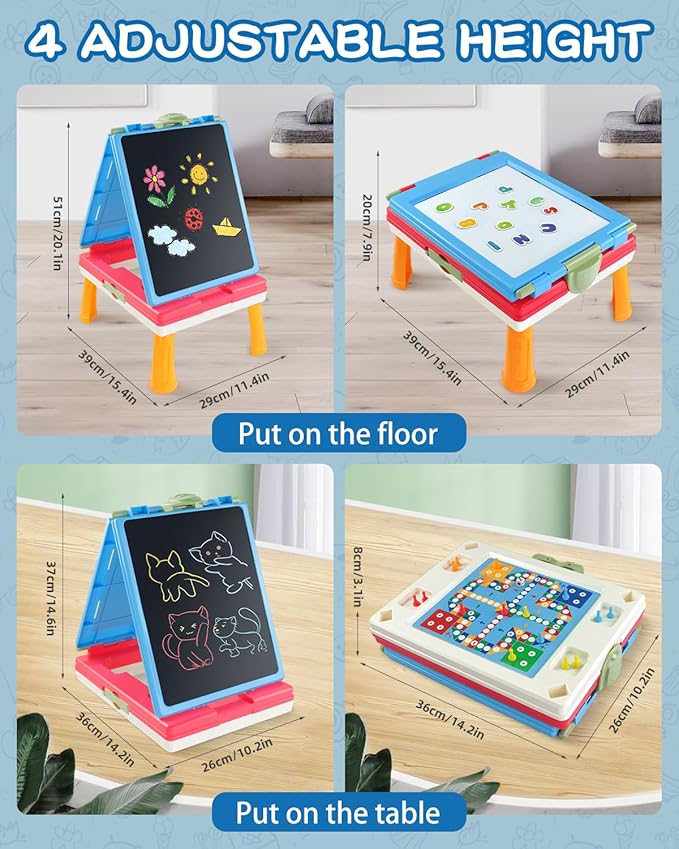 Easel for Kids, 4 in 1 Double Sided Toddler Art Easel with Chalkboard & Magnetic Whiteboard, Foldable Kids Tabletop Easel with Drawing & Writing Accessories - Gift for Boys and Girls (Blue)