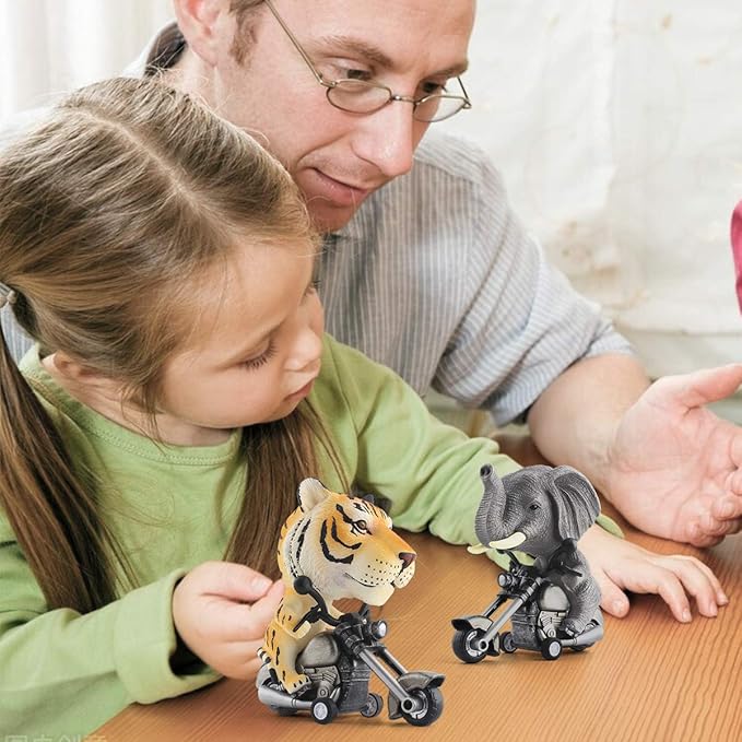 DINOBROS Tiger and Elephant Toys for Kids Toddlers 3-7 Years Old 2 Pack Friction Animal Motorcycle Car Toys for Boys and Girls