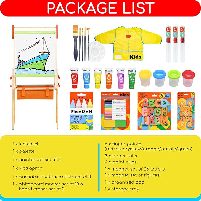MEEDEN Wooden Art Easel for Kids: Double-Sided Painting Kids Easel for Toddlers with Paper Rolls - Magnetic Easel with Chalkboard & Deluxe Accessories