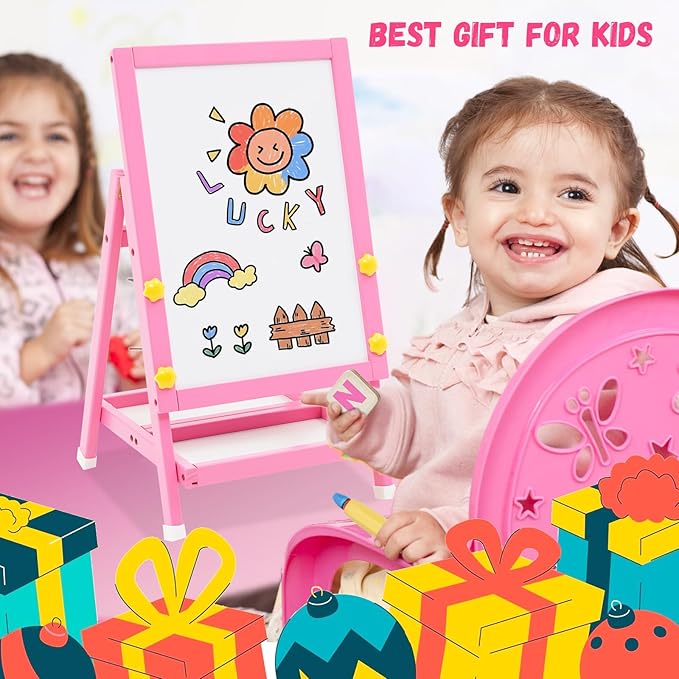 NUKied Wooden Kids Easel Double Sided Easel Height Adjustable Drawing Board Standing Art Easel for Kids with Foldable Storage Tray for Boys and Girls 3+ (Pink)