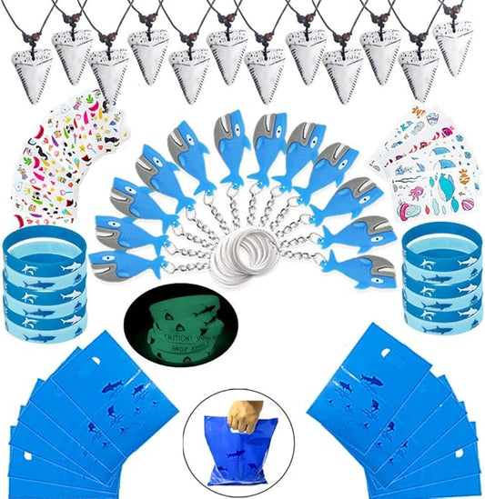Shark Party Favor Supplies Pack -Shark Tooth Necklace Tattoo Sticker Shark Gift Bag Shark Bracelet Pin Back Button for Kids Under the Sea/Birthday/ Goody Bags (66 pcs/set)