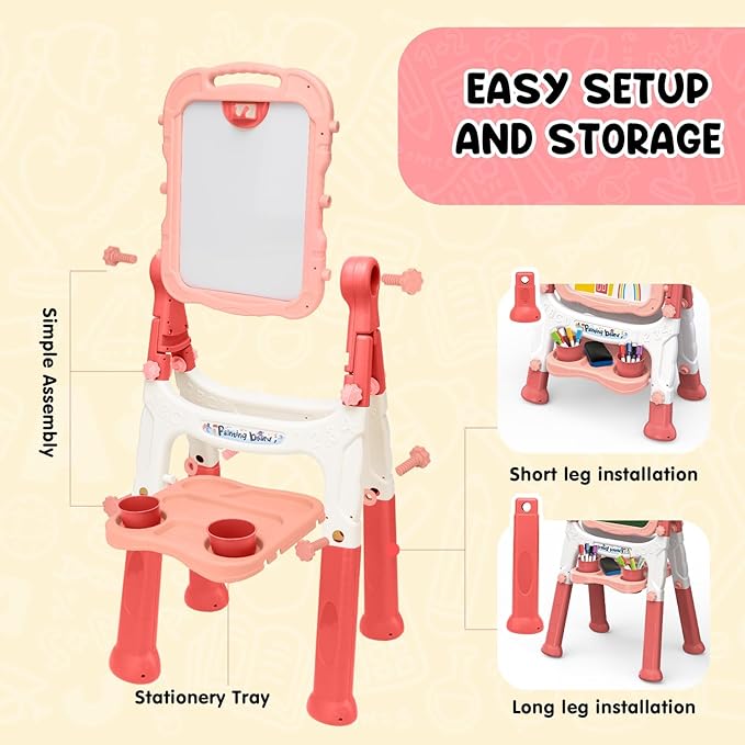 Easel for Kids, Kids Easel, Double-Sided Art Easel for Kid 3-4, Chalk Board Kid, Toddler Easel, White Board Kid, Kids Art Easel, Art Easel for Kids Ages 4-8, Christmas Gifts for Kids,Red&Pink