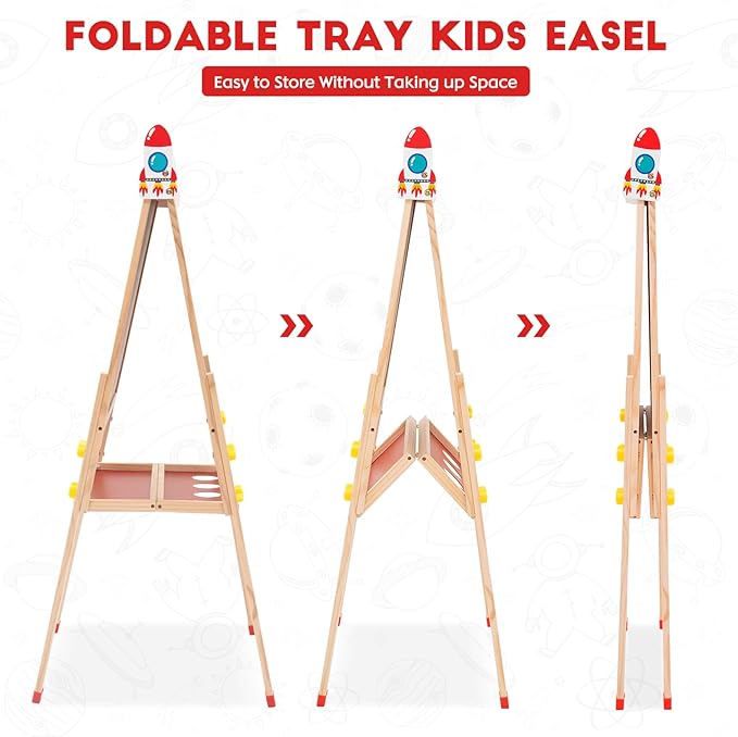 Easel for Kids Art Easel with Paper Roll, Wooden Toddler Easel for Kids Ages 2-4 4-8 8-12, Kids Painting Easel with Double Sided Chalkboard Whiteboard and Folding Storage Tray, Gift for Boys Girls