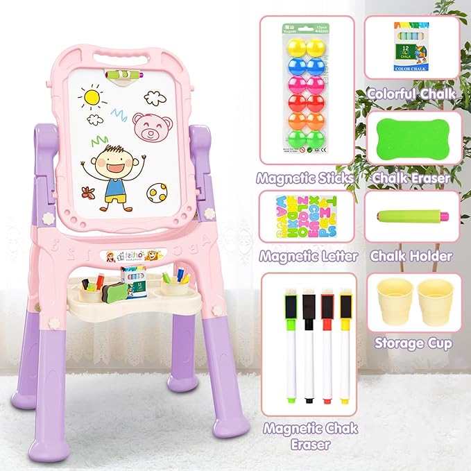 Toddler Easel, Adjustable Standing Easel for Toddlers, Double Magnetic Drawing Board with Painting Accessories, Birthday Present for Little Boys and Girls, Pink