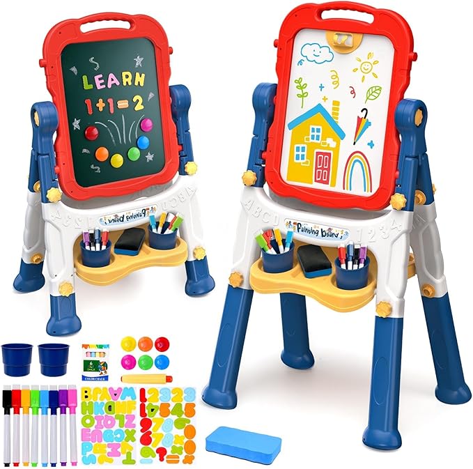 Easel for Kids, Kids Easel, Double-Sided Art Easel for Kid 3-4, Chalk Board Kid, Toddler Easel, White Board Kid, Kids Art Easel, Art Easel for Kids Age 4-8, Christmas Gifts for Kids, Red&Blue