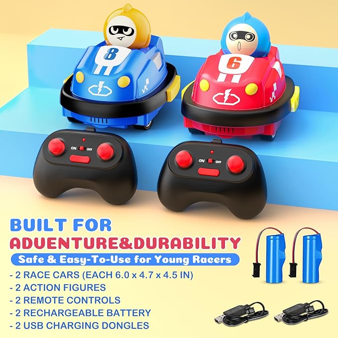 NQD Remote Control Car for Toddler, 2 Pack RC Ejecting Bumper Cars for Kids, RC Cars Toy with Led Lights & Sound, Rechargeable Cartoon Battle Car Toys for 1-3 2-4 3-5 Year Old Kids Birthday Xmas Gift