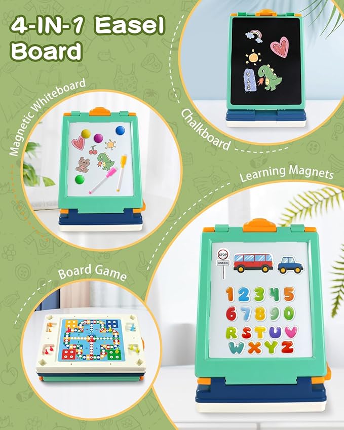 Easel for Kids,Tabletop Easel for Toddler, Foldable 4 in 1 Double Sided Kids Art Easel with Chalkboard & Magnetic Whiteboard,Portable Desktop Drawing Board - Gift for Boys and Girls (Green)
