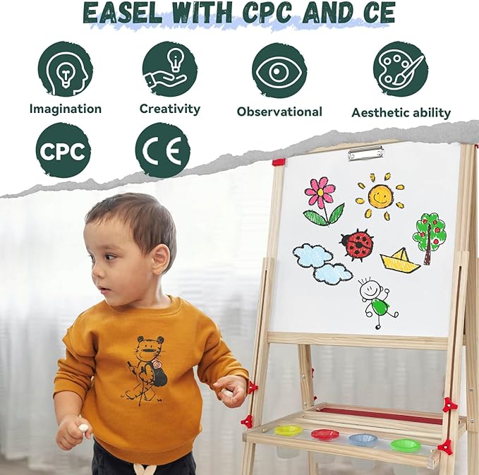 Easel for Kids,Adjustable Wooden Art Easel for Kids,114+ Art Supplies,Double Sided Magnetic Dry Erase Board and Chalkboard,3-in-1 Toddler Art Easels for Aged 3-4,5-7,8-12,2 Paper Rolls