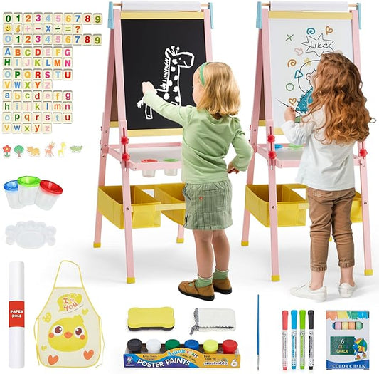 Easel for Kids Art Easel for Toddlers, Height Adjustable Kid Easel with Paper Roll, Toddler Art Easel with Double Sided Magnetic Board and Accessories, Perfect Painting Easel for Kids, Pink