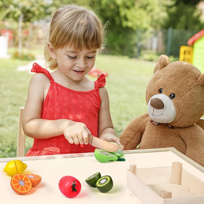 Wooden Cutting Play Food Toys - 11 PCS Wood Pretend Cutting Play Food Educational Set for Toddlers 1-3, Veggie Slicers Playset, Toys Food and Fruits with Storage Case for Christmas Birthday Gifts