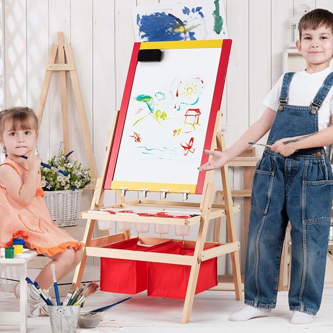 HONEY JOY Easel for Kids, Wooden Double-Sided Standing Toddler Easel w/Magnetic Chalkboard & White Board, Paper Roll, Painting Accessories, Magnetic Alphabet, Art Easel for Boys and Girls, Red