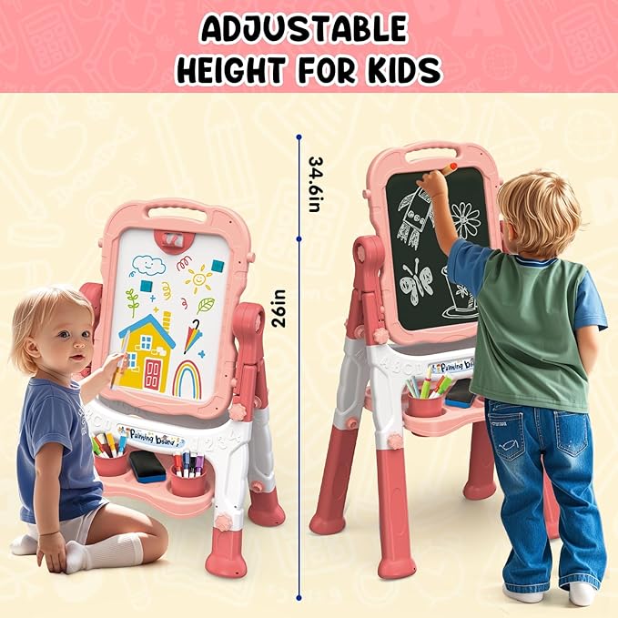 Easel for Kids, Kids Easel, Double-Sided Art Easel for Kid 3-4, Chalk Board Kid, Toddler Easel, White Board Kid, Kids Art Easel, Art Easel for Kids Ages 4-8, Christmas Gifts for Kids,Red&Pink