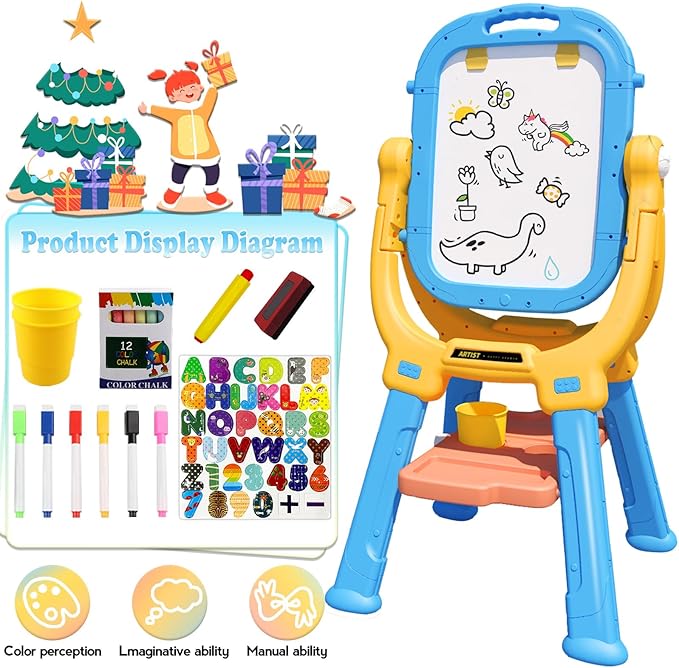Easel for Kids, Rotatable Double Sided Magnetic Drawing Board Adjustable Height Easel Stand Toddlers Art Easel with 79pcs Art Supplies, Blue