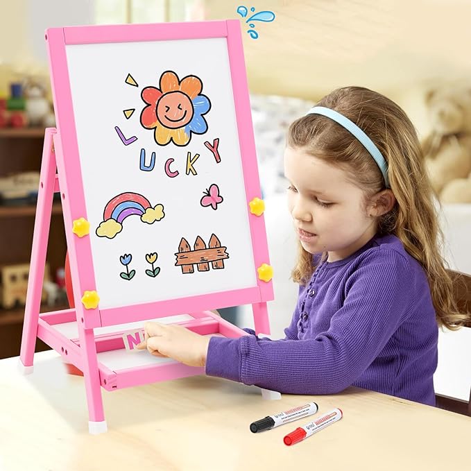 NUKied Wooden Kids Easel Double Sided Easel Height Adjustable Drawing Board Standing Art Easel for Kids with Foldable Storage Tray for Boys and Girls 3+ (Pink)