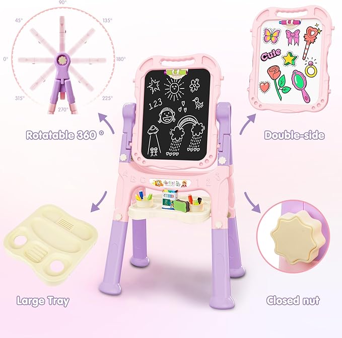 Easel for Kid, Double Sided Kids Art Easel with Magnetic Chalkboard & White Board, Adjustable Standing Painting Drawing Board for Toddler, Education Gift Toy for Boy Girls Age 3, 4, 5 (Pink+Puple)