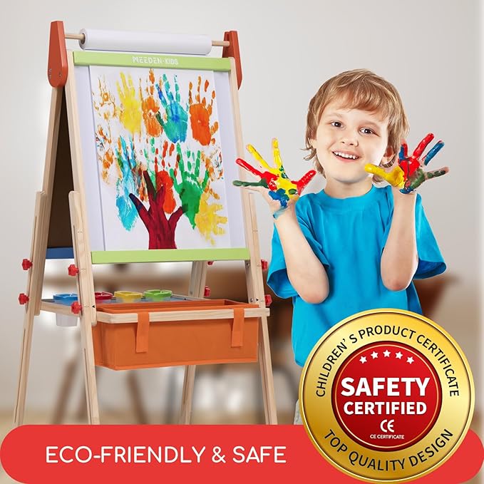 MEEDEN Easel for Kids, Double-Sided All-in-one Wooden Art Easel, Kids Art Easel Set with Paper Rolls, Magnetic Easel with Whiteboard & Chalkboard, Finger Paints, Accessories Easel for Toddlers