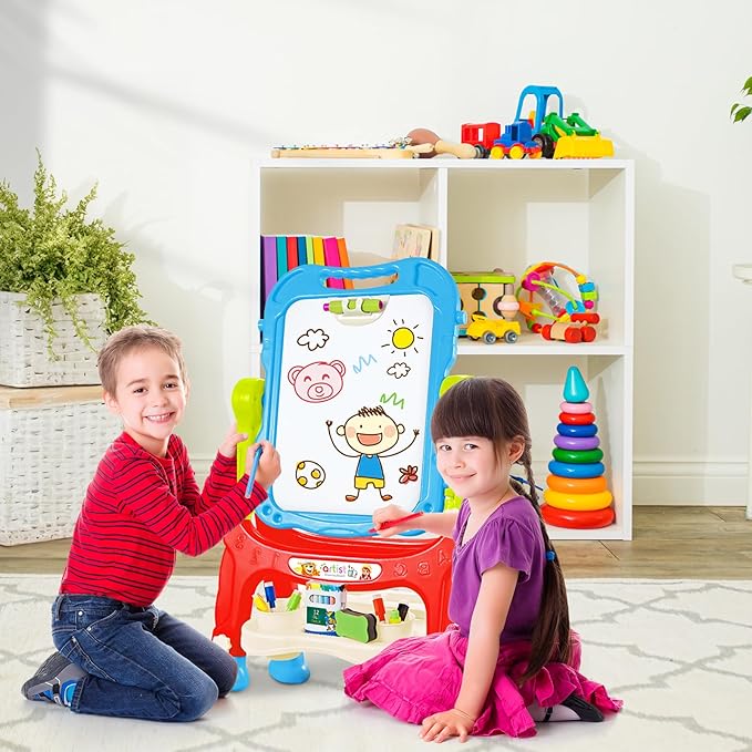 Easel for Kid, Double Sided Kids Art Easel with Magnetic Chalkboard & White Board, Adjustable Standing Painting Drawing Board for Toddler, Education Gift Toy for Boy Girls Age 3, 4, 5 (Blue+red)