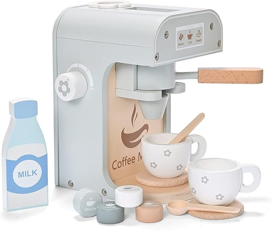 Kids Wooden Toys Toddler Pretend Play Kitchen Accessories Coffee Maker Espresso Machine Playset Montessori Kitchen Toy Gift for Girls and Boys